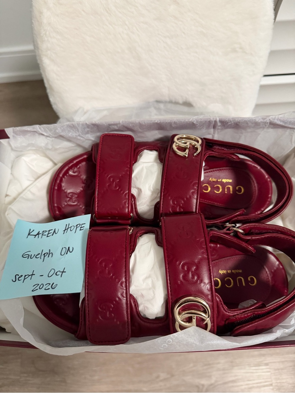Gucci Burgundy Leather Kids Sandals with Gold GG Detail
